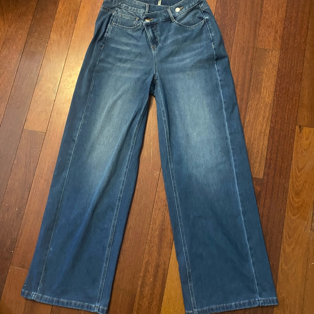 Halara Flex Asymmetric High Waisted Washed Casual Baggy Jeans with Pockets